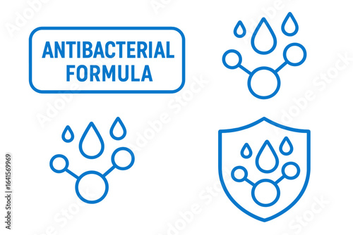 Antibacterial formula molecule icons set. Blue outline vector composition for package labeling. Medical protection, health care, hygiene, antibacterial product symbol, water drops, shield, molecule.