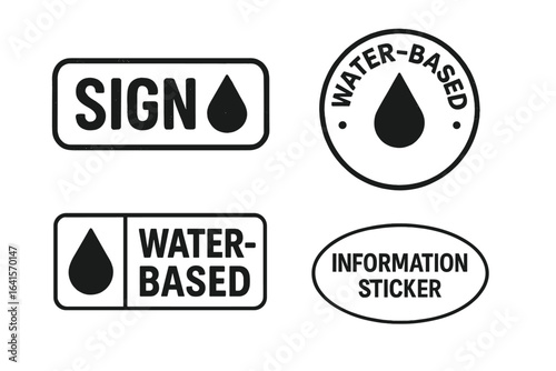 Conceptual water-based product packaging labels and signs set. Vector icons of eco information sticker, water drop symbol, stamp for environmentally friendly, non-toxic, safe material marking