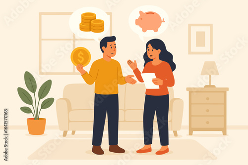 Couple Discussing Family Finances, Budget Planning, Saving Money, Investment Choices at Home, Communication About Economic Goals, Flat Vector Illustration, Financial Decision Making in Living Room