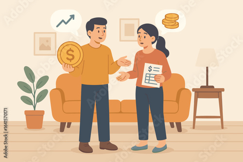 Financial discussion at home, couple planning budget and family finances, man and woman talking about money, bills, savings, and economic growth, modern living room, flat vector illustration