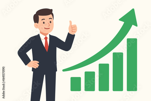 Business success growth concept, confident businessman in suit giving thumbs up, financial upward trend, revenue increase, career achievement, leadership, motivation, flat style illustration