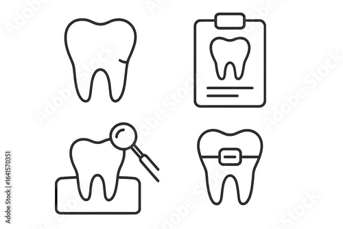 Dental outline icons set. Tooth, dental checkup, oral examination, dentistry clipboard, braces, dental office care, orthodontics, dental treatment, oral hygiene, line vector illustration collection