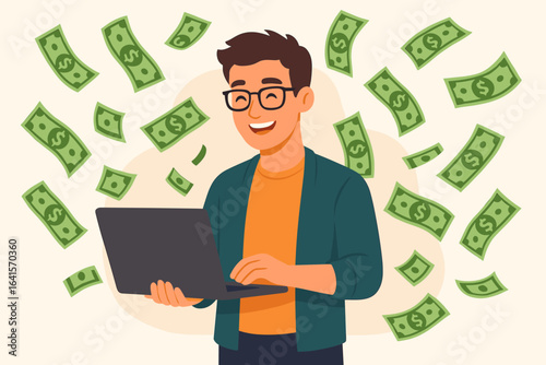 Successful freelancer working online, man with laptop surrounded by flying cash, digital entrepreneur earning passive income, remote work salary and internet business profit vector illustration