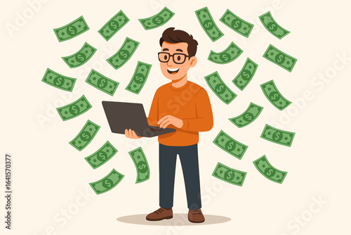 Successful freelance developer earning money online, remote worker with laptop surrounded by falling cash, making income, financial success, online business, technology and salary concept illustration