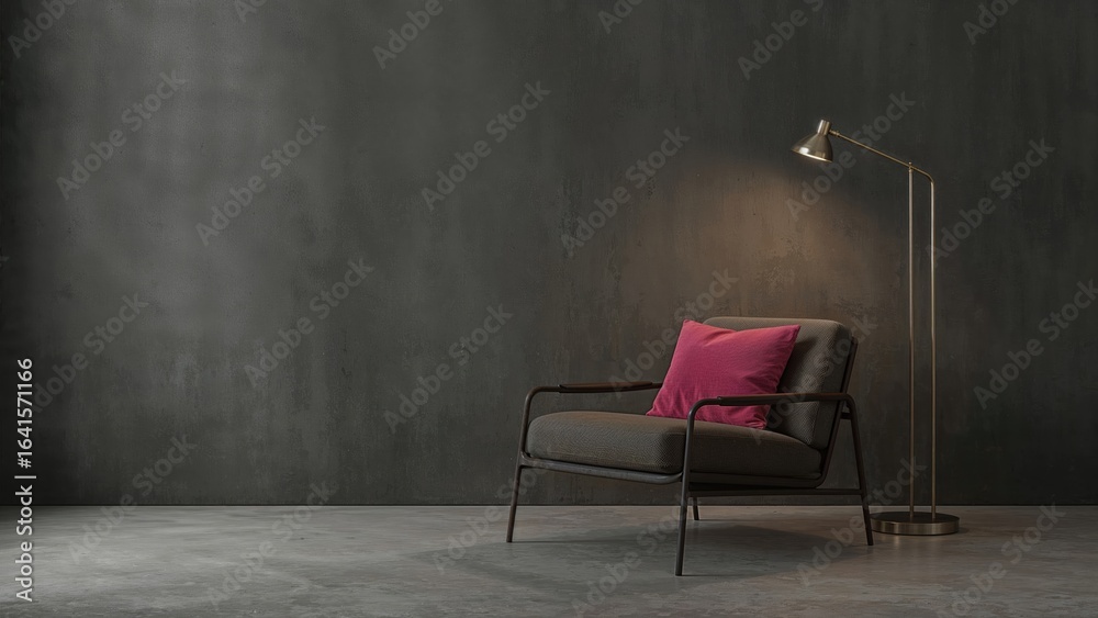 Fototapeta premium Snug chair adorned with a rose-colored cushion illuminated by a glowing floor lamp on a muted gray wall, perfect for a modern living or office space. Clean and simple home styling.