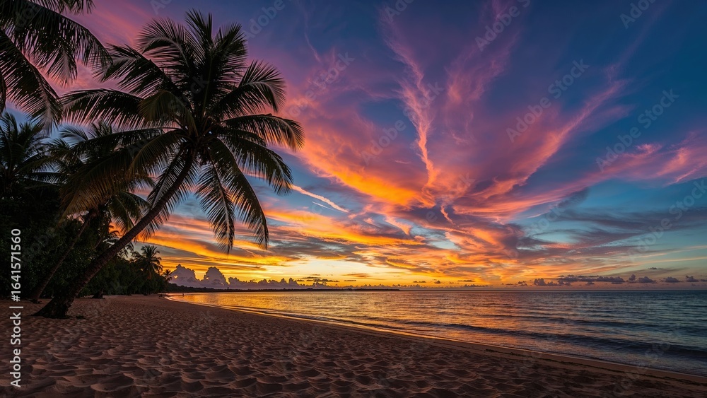 Fototapeta premium Serene coastal scene featuring a colorful sky, calm ocean, and palm-lined horizon