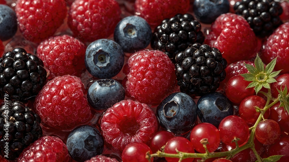 Detailed view of mixed berries including blackberry, blueberry, raspberry, redcurrant, and physalis Detailed view of mixed berries including blackberry, blueberry, raspberry, redcurrant, and physalis
