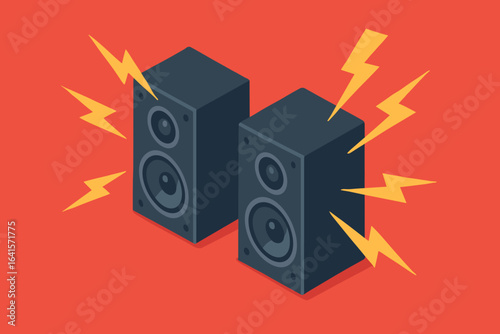 Powerful loud music speakers with dynamic lightning bolts, stereo sound system, isometric audio speakers, sound waves, energetic red background, modern vector illustration for music events
