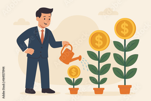 Businessman Watering Money Plants for Financial Growth, Investment Success, Return on Investment, Finances, Wealth Accumulation, Profit Development, Economic Prosperity, Flat Vector Design