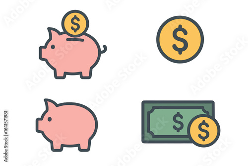 Piggy bank and money vector icons set. Flat style finance, savings, banking, dollar coin, currency symbol, cash banknote, investment, budgeting, wealth, financial planning illustration