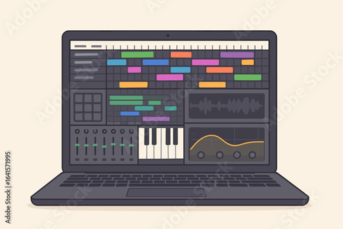 Digital audio workstation laptop screen. Electronic music production software interface. Music editing, mixing, beat making, keyboard, equalizer, waveform. Vector illustration concept.