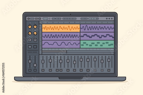 Digital audio workstation DAW on laptop screen, music production software interface, mixing console, beats, waveform editing, electronic music creation, studio technology, vector illustration
