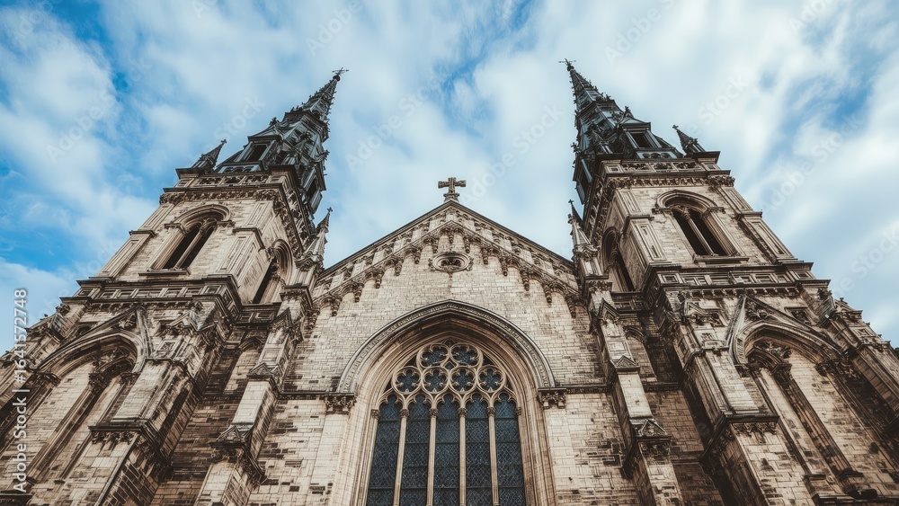 Fototapeta premium Historic stone church featuring Gothic and Baroque architectural elements with tower spires