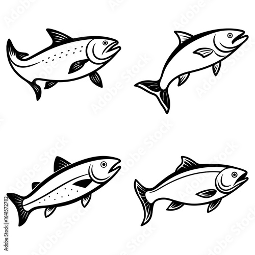Illustration of four fish in black and white with varying designs and orientations on a white background