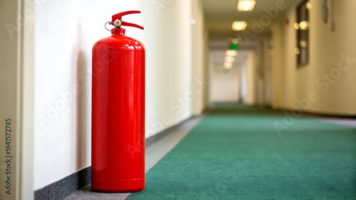 Wallpaper Mural Bright red fire extinguisher stands ready for use in a long dimly lit hotel hallway with green carpeting and white walls Torontodigital.ca