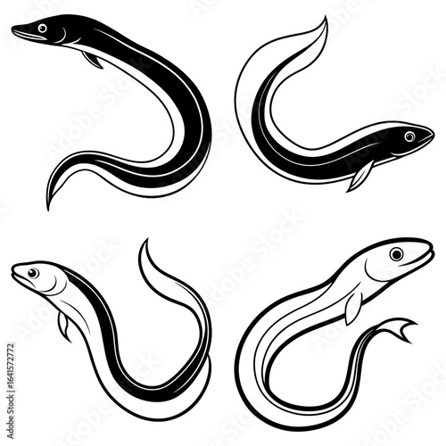 Illustration of four eels in different positions with black and white coloring and simple line drawing