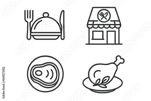 Restaurant and Cafe Outline Icons Set. Food Service, Steak, Chicken, Cutlery, Serving Dish. Conceptual Web Vector Symbols for App, Website, Menu Design. Linear Style Bistro, Eatery Icons