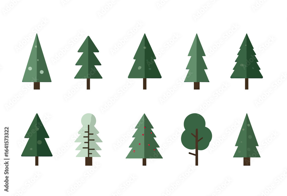 Obraz premium Seamless winter forest pattern with minimalist flat design fir and pine trees, a versatile vector background for holiday gift wrap or nursery wallpaper. 