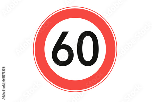 Speed Limit Road Sign 60 kmh. Vector illustration. Traffic regulation, maximum speed control, circular prohibition sign with red border and bold black number. Highway traffic law safety icon.