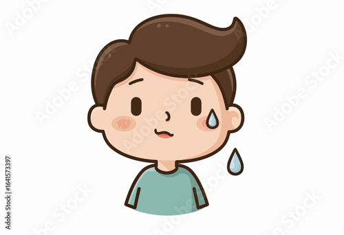 An anxious cartoon boy character sweating with a worried expression, a cute vector emoticon sticker for illustrating stress, pressure, fear, or embarrassment.
