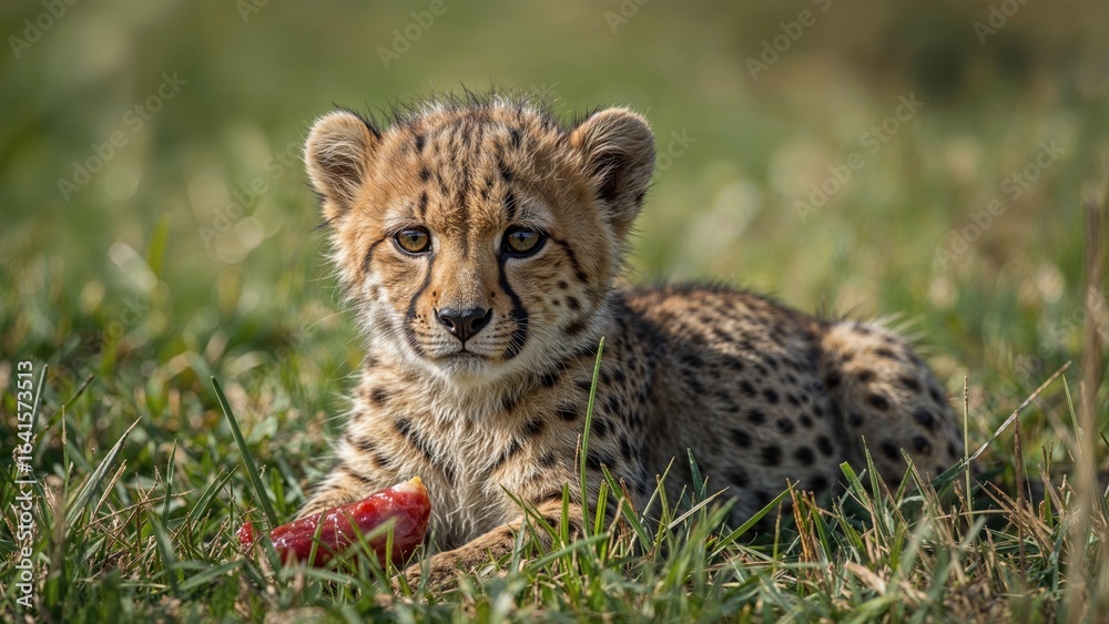 Fototapeta premium Lunch break for a baby cheetah