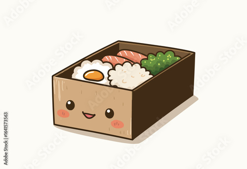 A cute kawaii bento box character with a smiling face, a Japanese lunch box vector illustration filled with rice, egg, and salmon for happy food lovers.
