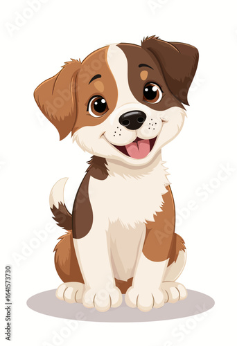 An adorable cartoon illustration of a happy, smiling puppy sitting patiently, a cute vector character perfect for pet store branding, children's books or cards.
