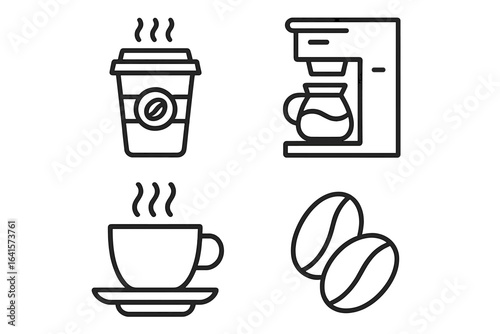 Coffee icons set. Linear vector collection of hot coffee cup, takeaway cup, coffee beans, coffee maker. Minimalist outline symbols for cafe menu, barista tools, beverages, breakfast, hot drink shop.