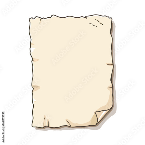 A single sheet of old, torn parchment with ragged edges, a blank vintage paper vector illustration perfect for historical documents or treasure map backgrounds.
