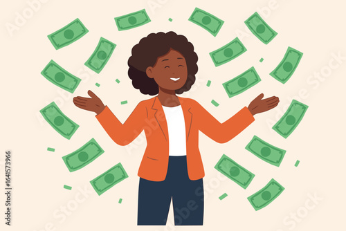 Successful Black Businesswoman Celebrating Wealth, Money Falling from Sky, Financial Freedom, Empowerment and Prosperity, Rich African American Female, Joyful Investor, Financial Independence Concept
