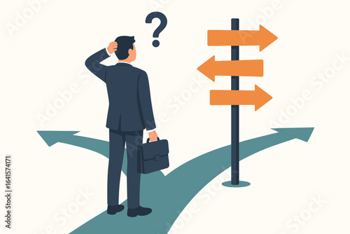 Business decision making dilemma at crossroads. Confused businessman with briefcase scratching head. Direction choice, career path, opportunity, risk or uncertainty concept. Flat vector illustration.