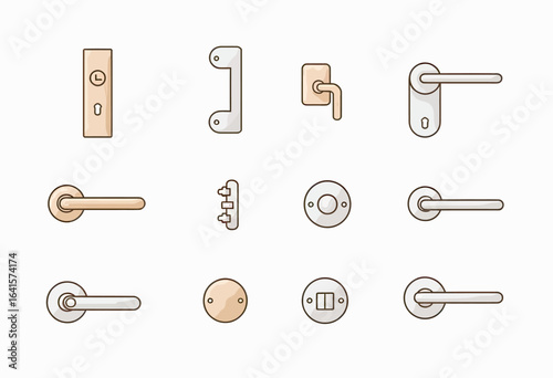 Collection of modern and classic door handle icons, a diverse flat design vector set of hardware for interior design catalogs and architectural visualization.
