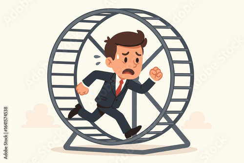 Stressed businessman running in hamster wheel, corporate rat race, meaningless job, feeling stuck, no progress, burnout, stress, frustration, repetitive career, business work life, rut metaphor