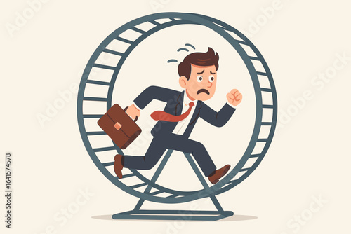 Stressed businessman running in hamster wheel. Futile effort. Corporate rat race. Career burnout. Dead-end job. Office pressure. Meaningless work. Stuck in routine. No progress. Vector illustration.