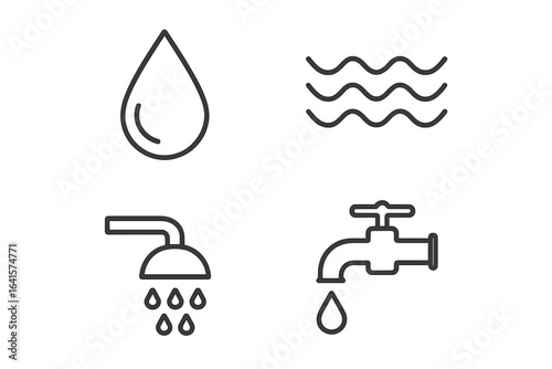 Water drop linear icon set. Editable outline vector symbols water drop, flowing waves, shower, faucet tap with drop. Flat minimalist web, mobile app, plumbing, utilities, hygiene concept icons pack.