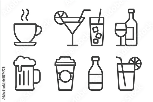 Linear outline beverage drink icons set. Coffee cup, tea mug, cocktail, soft drink, wine bottle, wine glass, beer mug, takeaway coffee, soda bottle. Minimalist vector illustration pack.