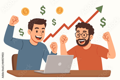 Two men celebrating stock market success, investing online with laptop, financial growth, profit, upward trend, making money concept, dollar signs, cheerful teamwork, flat design vector