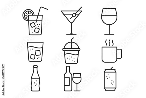 Linear Outline Drink Icons Collection. Lemonade, Cocktail, Martini, Wine, Soda, Alcoholic and Non-Alcoholic Beverages. Cold, Hot, Fizzy Drinks. Minimalistic Vector Bar Cafe Icon Set
