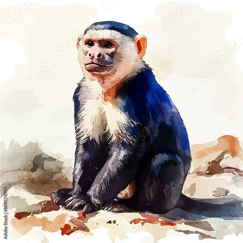 Capuchin Monkey, watercolor painting vector, isolated on a white background.