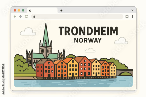 Trondheim Norway vector illustration, colorful houses on river waterfront, Nidaros Cathedral, Scandinavian cityscape, browser window mockup, modern flat cartoon, tourism, travel destination