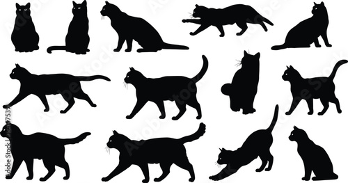 Collection of black cat silhouettes in various poses and actions animal 1
