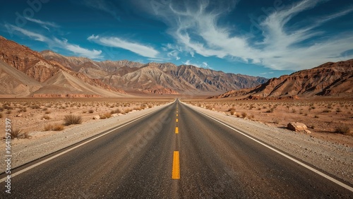 Exceptional condition of the highways in the USA. A perfectly straight and smooth road cutting through the arid and rugged desert landscape.