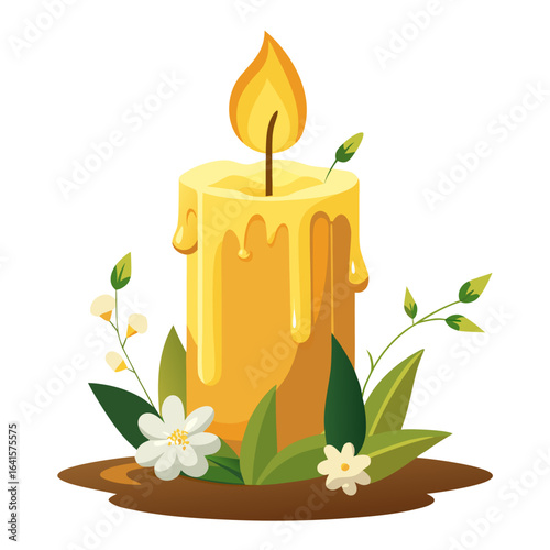 Burning Beeswax Candle with Snowdrops for Candlemas Day Vector Illustration