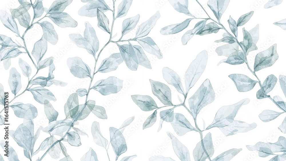 See-through eucalyptus leaf pattern. Manually created twig drawing on a white background. Endless decorative wallpaper and fabric design.