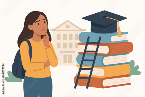 Female college student contemplating higher education, academic journey, career decisions. Backpack, stack of books, ladder, graduation cap, university building. Educational progress, future planning.