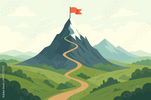 Majestic mountain peak with winding trail to summit, red flag top. Success business challenge metaphor. Achievement, goal, perseverance, ambition, landscape, aspiration, motivation, determination
