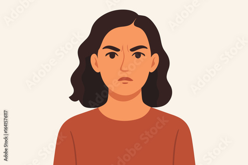 Vector illustration of woman with dark hair, wearing brown shirt, serious expression, upper body portrait, flat minimalist design, female person, isolated on light background, modern cartoon style