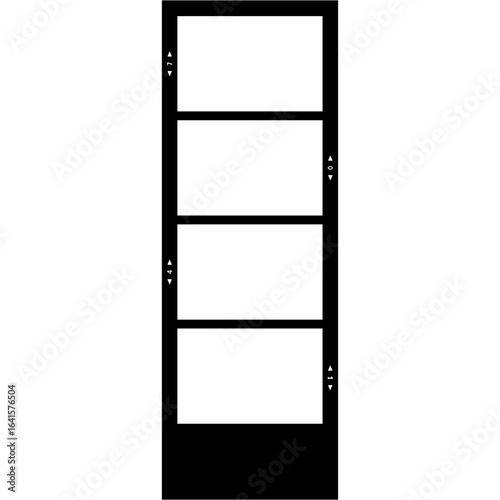 A vertical black photobooth film strip with four blank frames. An isolated template for creating photo collages or memory sequences.