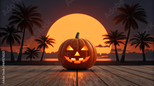 Fototapeta Naklejka Na Ścianę i Meble -  Spooky jack o lantern halloween pumpkin illuminated with glowing face on wooden pier against tropical beach sunset palm trees