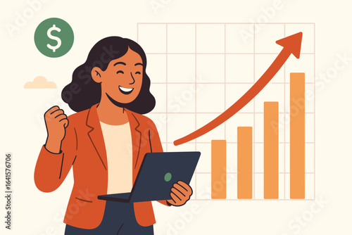 Successful Woman Investor Analyzing Rising Stock Market Chart and Graph, Smiling Over Investment Growth and High Return on Investments, Flat Design Illustration